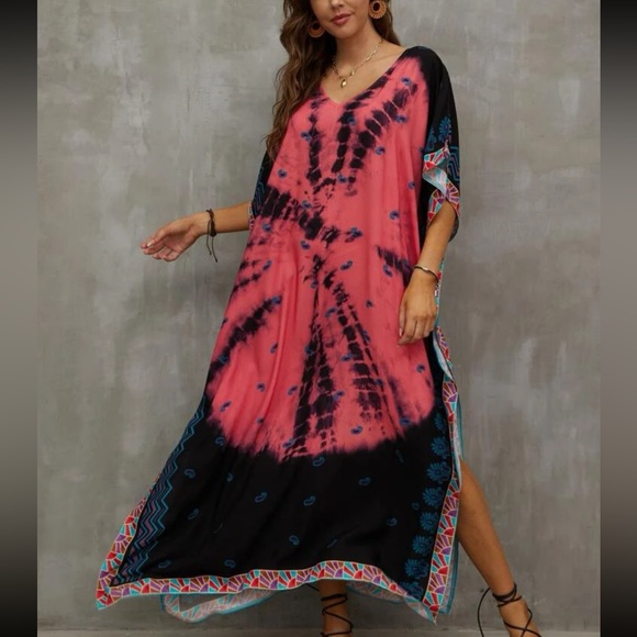 Boho Tie Dye Print Batwing Sleeve Slit Hem Maxi Dress - Picture 6 of 8